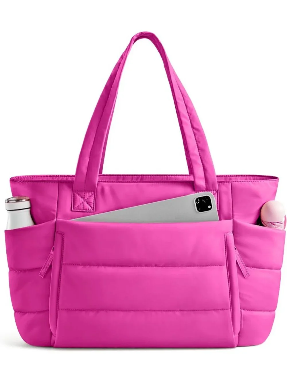 👜Women's Raspberry Pink Quilted Puffer Tote Bag Zipper Bag With Compartments